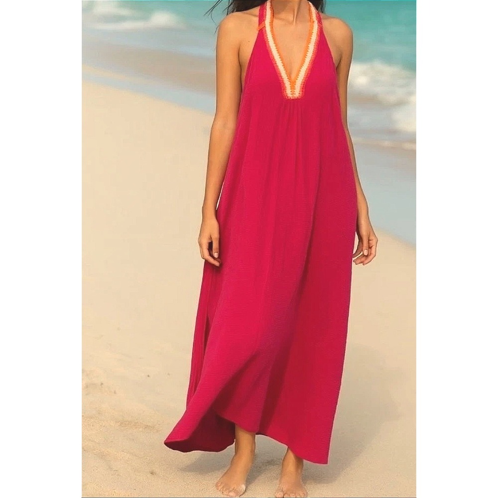Magaschoni‎ Maxi Dress Pink Organic Cotton Tassel Fringe Boho Resort L